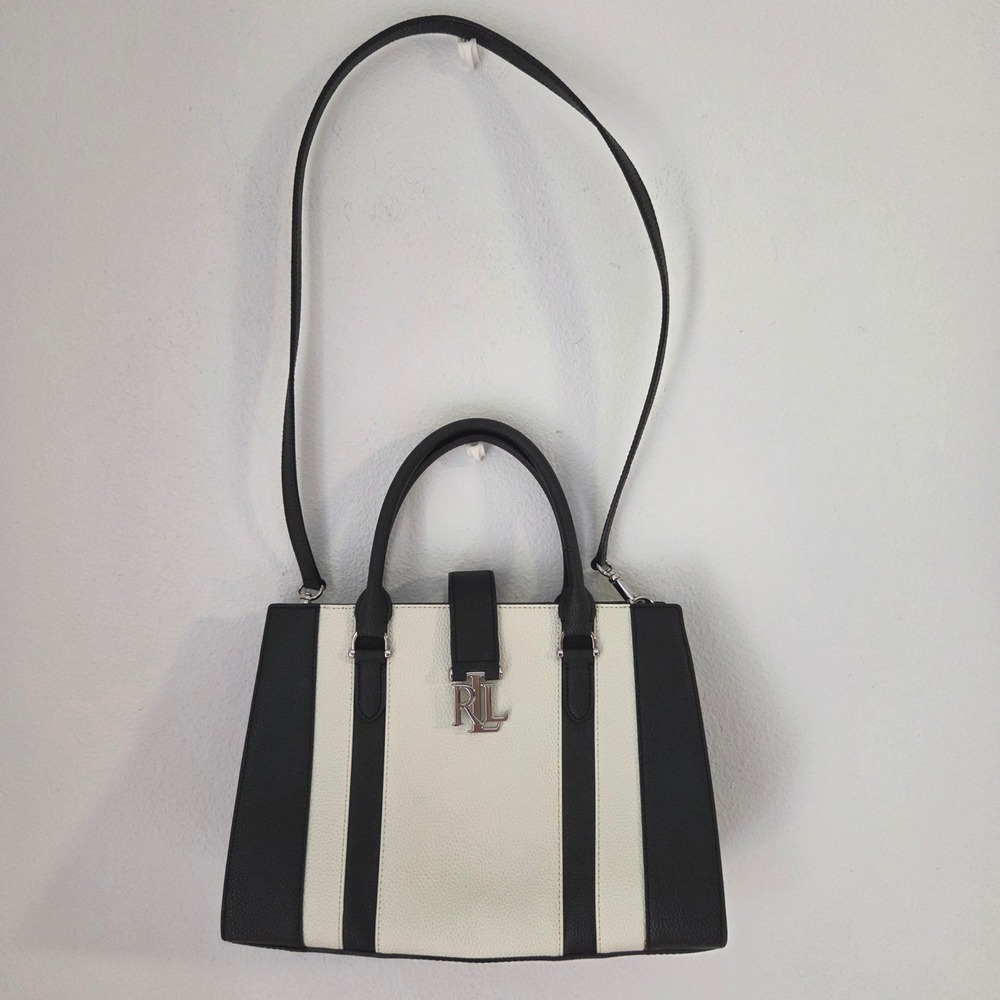 Lauren Ralph Lauren Black Cream Pebbled Leather Satchel Crossbody Bag RLL